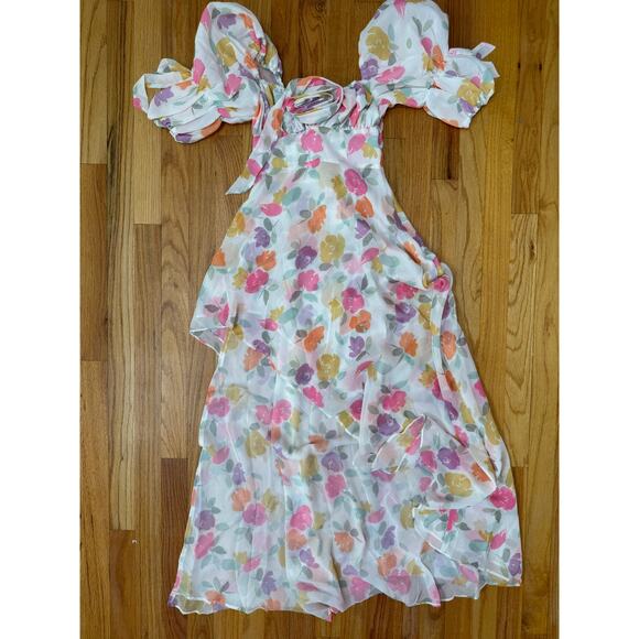 For Love & Lemons Petal‎ Midi Dress Floral Size XXS Short Sleeve Asymmetrical - Picture 4 of 9